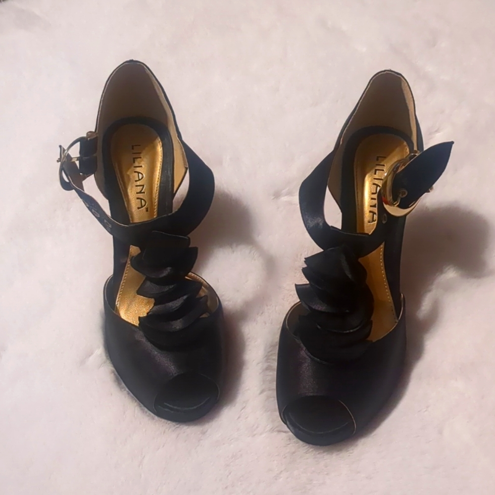 Black Ruffle T- strap heels